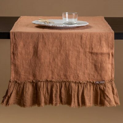 Runner tavolo arancione in lino 1pz 50x150cm con rouches