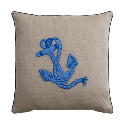 Cuscino decorativo in lino tortora con disegno ancora ricamata azzurro