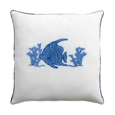 Cuscino decorativo ricamato quadrato in lino e cotone bianco e azzurro