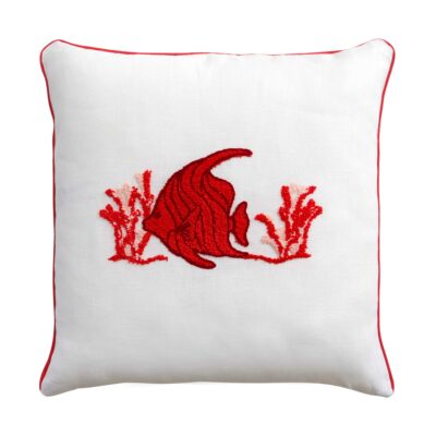 Cuscino ricamato decorativo in lino e cotone bianco e rosso