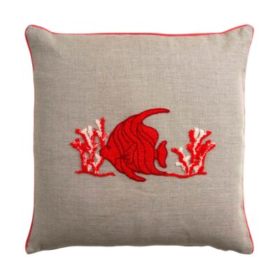 Cuscino ricamato decorativo in lino e cotone tortora e rosso
